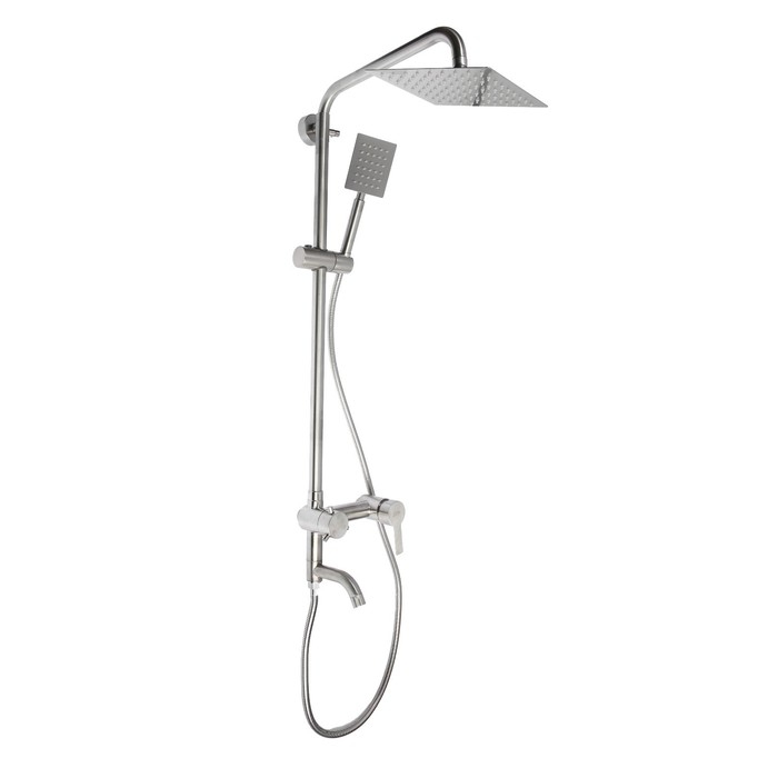 Душевая система ZEIN Z1007, смеситель, тропическая и ручная лейки квадрат, стойка, сатин Душевая система ZEIN Z1007, смеситель, тропическая и ручная лейки квадрат, стойка, сатин