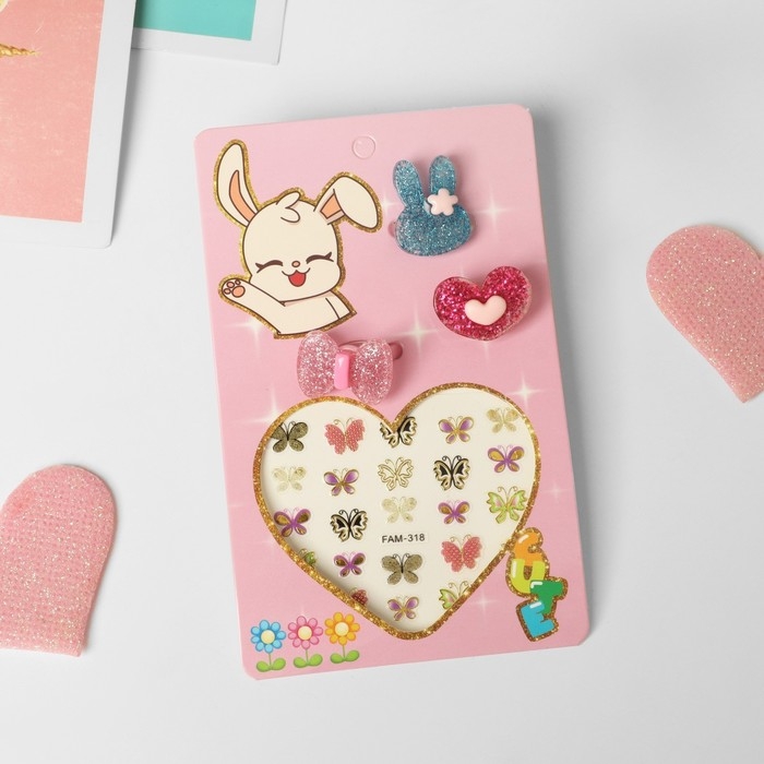 Комплект детский «Выбражулька» 4 предмета: 3 кольца, наклейки на ногти, форма МИКС, цветной Комплект детский «Выбражулька» 4 предмета: 3 кольца, наклейки на ногти, форма МИКС, цветной