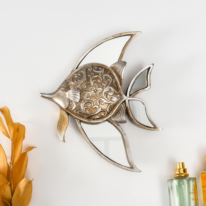 Панно интерьерное полистоун  Панно интерьерное полистоун "Зеркальная рыбка с узорами" серебро 21х4х24 см