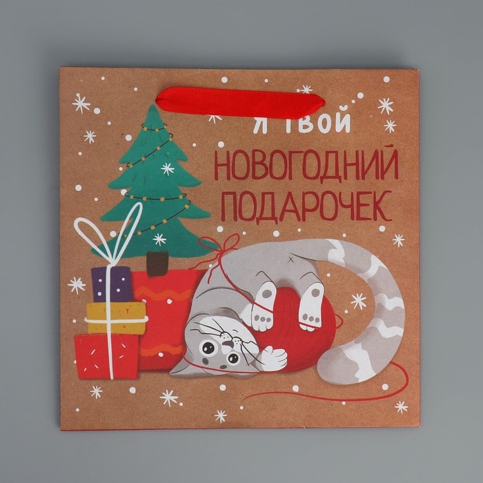 Пакет подарочный новогодний крафтовый квадратный «Подарочек», 22 х 22 х 11 см, Новый год Пакет подарочный новогодний крафтовый квадратный «Подарочек», 22 х 22 х 11 см, Новый год