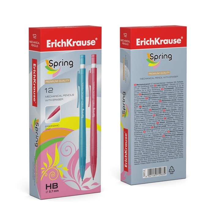 Карандаш механический с ластиком ErichKrause  Карандаш механический с ластиком ErichKrause "Spring", НВ, грифель d=0.7 мм, в коробке, микс