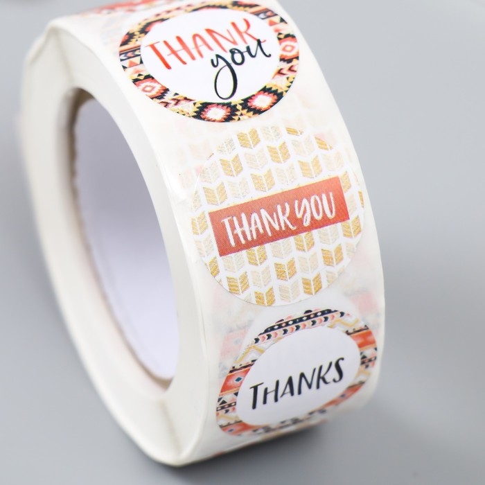 Наклейка бумага "Этнические узоры. Благодарность" d=2,5 см 500 шт в рулоне 3х6,5х6,5 см