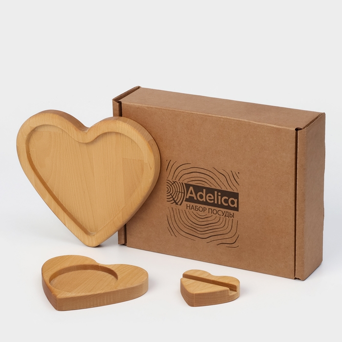 Подарочный набор деревянной посуды Adelica «Для тебя», тарелка 20×17 см, подставка под горячее и телефон, берёза Подарочный набор деревянной посуды Adelica «Для тебя», тарелка 20×17 см, подставка под горячее и телефон, берёза