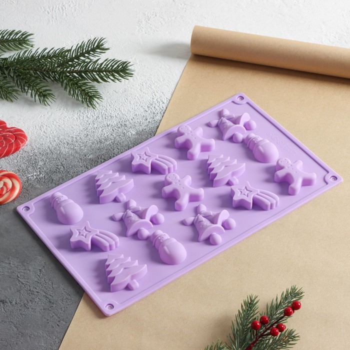 Форма для конфет и шоколада новогодняя Доляна «Ёлочки - иголочки», силикон, 30×17,3×1,3 см, 15 ячеек, цвет сиреневый Форма для конфет и шоколада новогодняя Доляна «Ёлочки - иголочки», силикон, 30×17,3×1,3 см, 15 ячеек, цвет сиреневый