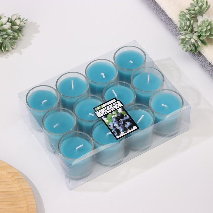 Набор свечей ароматических в стакане  Набор свечей ароматических в стакане "Черника", 12 шт, голубые, 4,5х5 см
