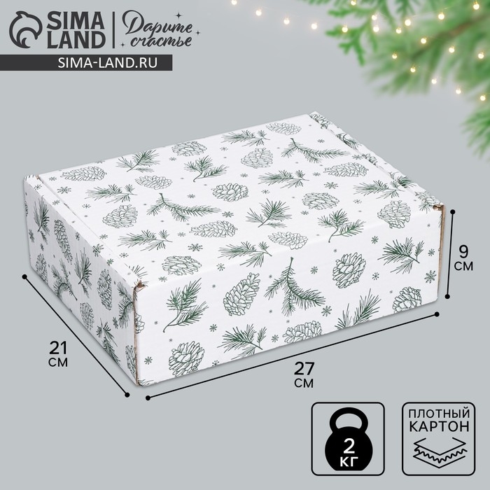 Коробка новогодняя складная «Шишки», белый, 27 х 21 х 9 см, Новый год Коробка новогодняя складная «Шишки», белый, 27 х 21 х 9 см, Новый год