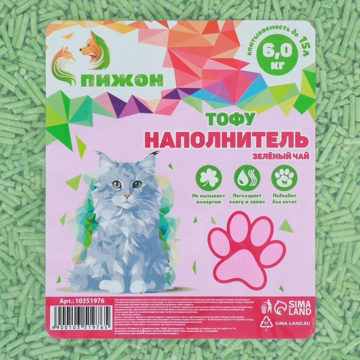 Наполнитель тофу, Наполнитель тофу, "Пижон" зеленый чай 6 кг впитываемость до 15 л