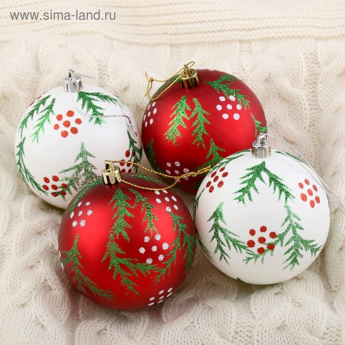 Набор шаров пластик d-8 см, 4 шт Набор шаров пластик d-8 см, 4 шт "Еловые веточки" красный белый
