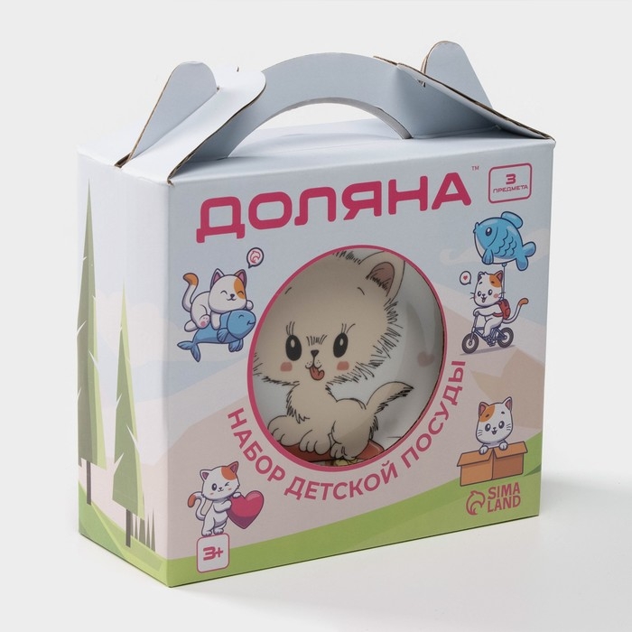 Набор детской посуды Доляна «Котёнок на скейте», 3 предмета: кружка 230 мл, миска 400 мл, тарелка d=18 см