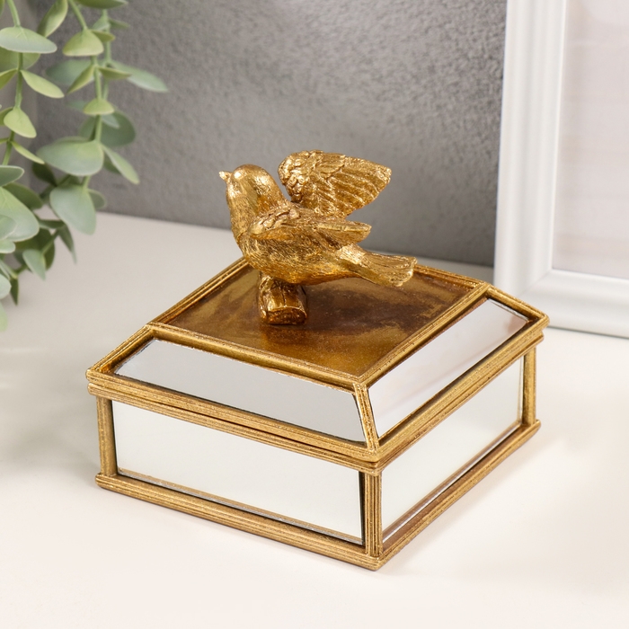 Шкатулка полистоун, зеркало  Шкатулка полистоун, зеркало "Золотая птичка" 10,5х10,5х10 см