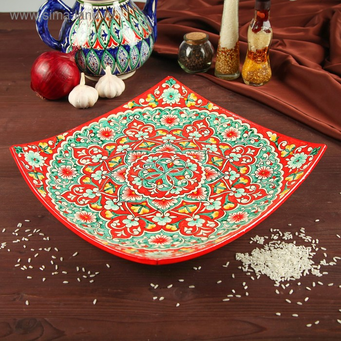 Ляган Риштанская Керамика "Узоры", 32 см, квадратный, синий микс