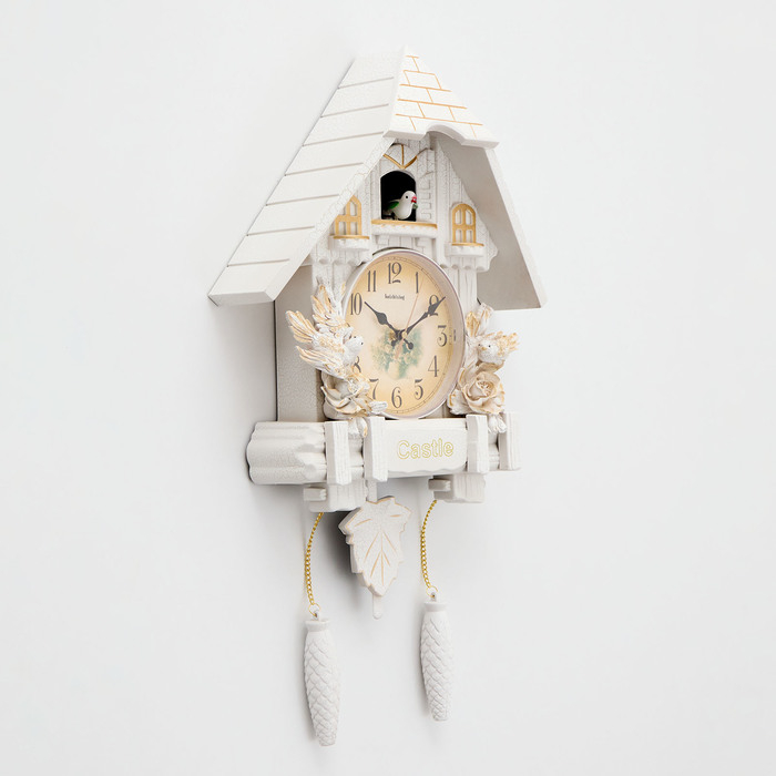 Часы настенные интерьерные большие с кукушкой  Часы настенные интерьерные большие с кукушкой "Замок с птицами", бесшумные, 63 х 8 х 32 см