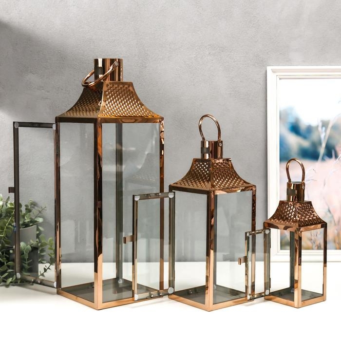 Подсвечник металл, стекло фонарь  Подсвечник металл, стекло фонарь "Точки" медь н-р 3 шт 55х18х18 37,5х14,5х14,5 26х10х10 см