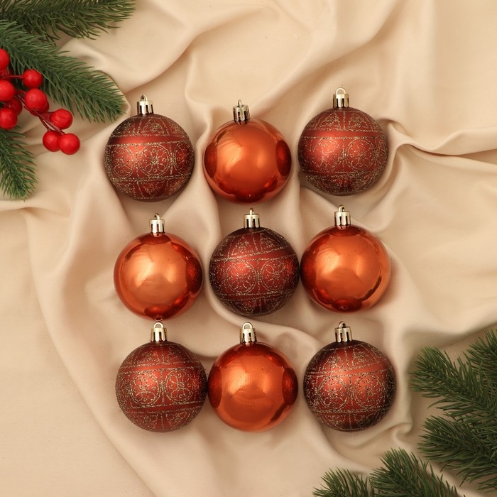 Набор шаров пластик d-5,5 см, 9 шт Набор шаров пластик d-5,5 см, 9 шт "Морозная росшивь" орнамент, коричневый