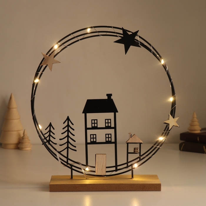 Сувенир металл, дерево свет Сувенир металл, дерево свет "Домики. Ночное небо" 6х25,5х26,5 см