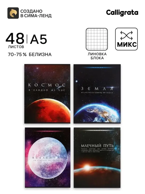 Тетрадь 48 листов в клетку, Calligrata &laquo;Космос&raquo;, серые листы, МИКС