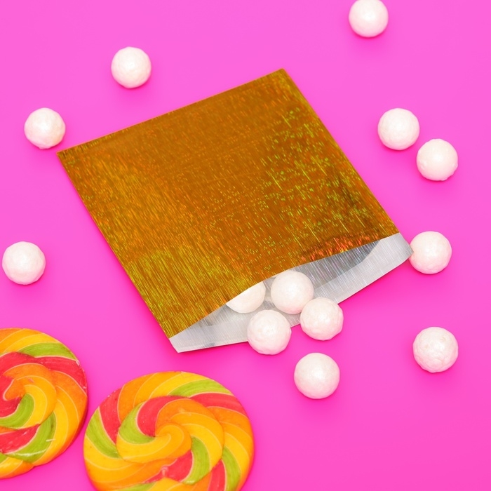 Пакет подарочный голографический с липкой лентой, Пакет подарочный голографический с липкой лентой, "Звездное небо", 10x10+2 см набор 50шт