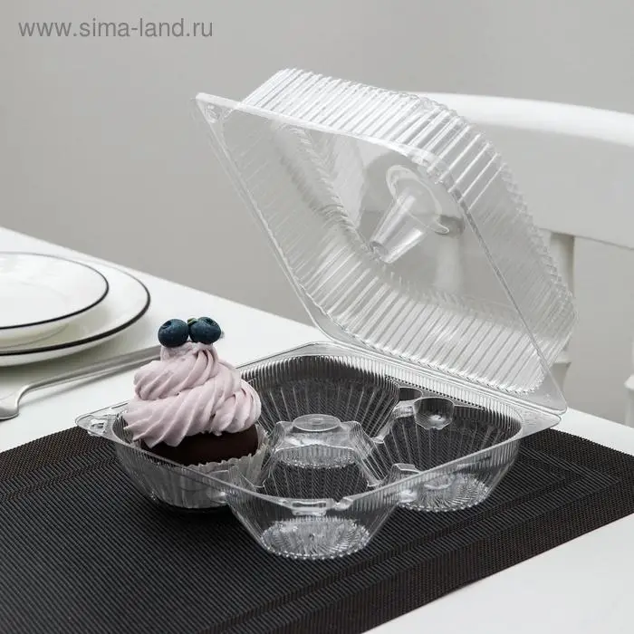 Контейнер одноразовый с неразъёмной крышкой ИП-2, для кондитерских изделий, пластик, 4 секции, 18.6×8.1 см, прозрачный