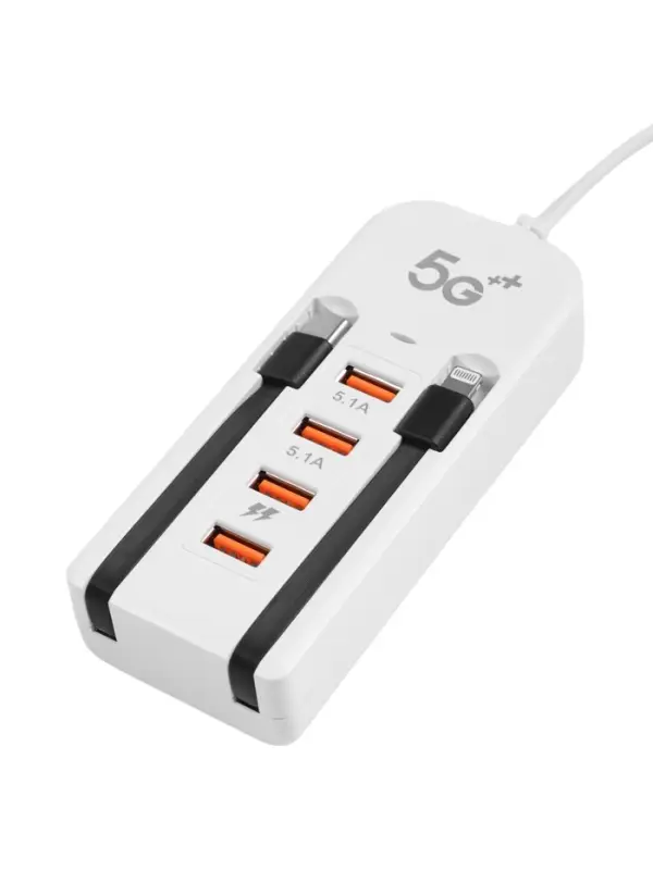 Зарядное устройство USB, 4 порта, с встроенными кабелями Type-C и Lightning, провод 1 м, белый