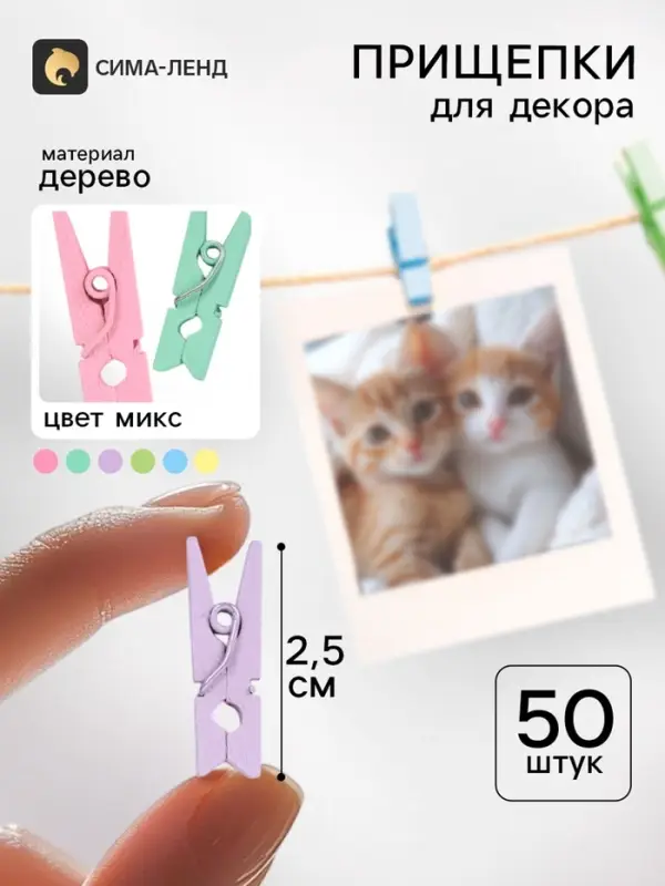 Прищепки для декора 50 шт., 2.5 см, МИКС