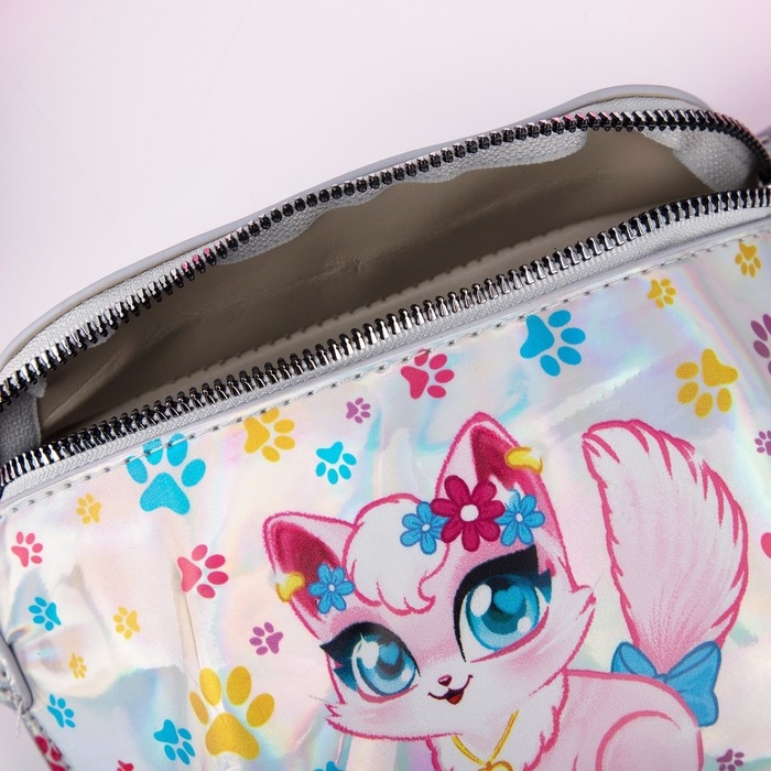 Сумка детская поясная «Котёнок» на молнии, серебристая
