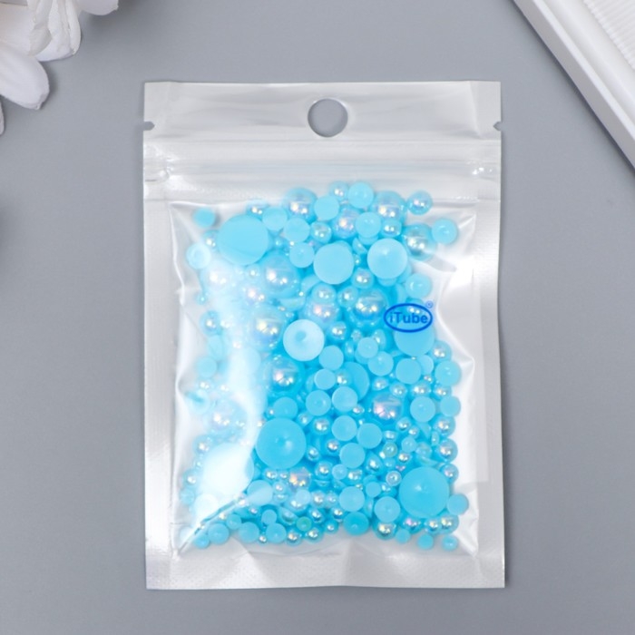 Декор для творчества пластик Декор для творчества пластик "Половинки бусин. Ярко-голубой перламутр" d=3-10мм, набор 10 гр