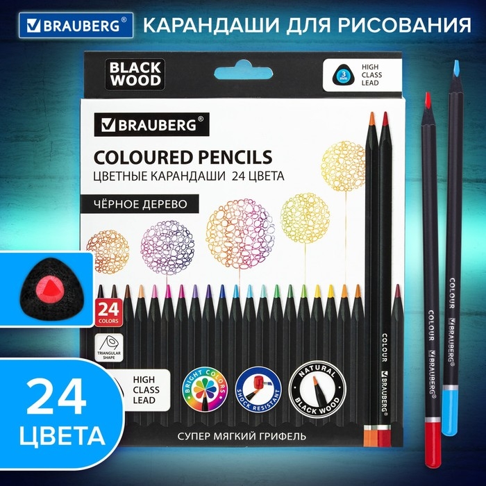 Карандаши 24 цвета BRAUBERG BLACK WOOD, трёхгранные, диаметр грифеля 3 мм, чёрное дерево Карандаши 24 цвета BRAUBERG BLACK WOOD, трёхгранные, диаметр грифеля 3 мм, чёрное дерево
