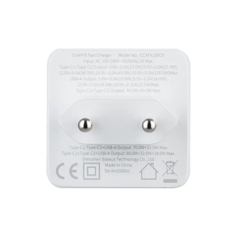 Переходник сетевого зарядного устройства на USB + 2 Type-C PD100W P10182102213-00 Baseus белый