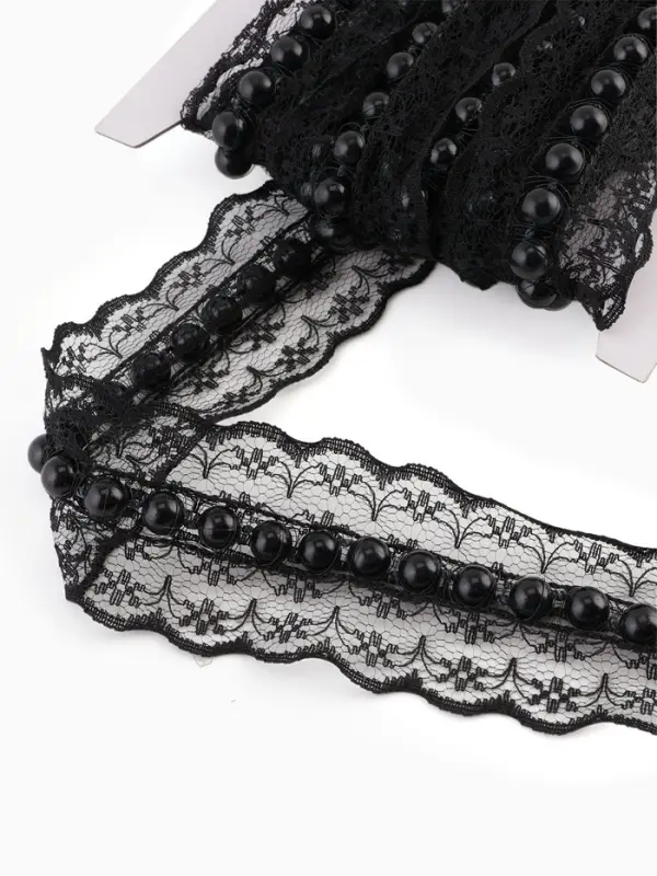 Рюш кружевной, с бусинами, 40 мм, 4.5&plusmn;0.5 м, чёрный