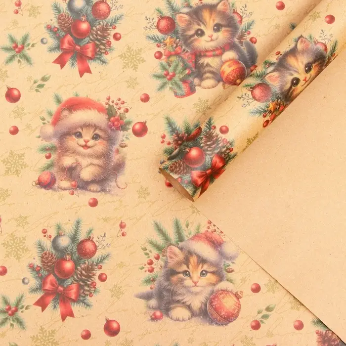 Бумага упаковочная новогодняя «Котик», бурый крафт, 80 г/м² , 50×70 см