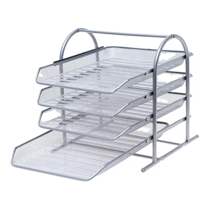 Лоток для бумаг горизонтальный, металлическая сетка, 4 отделения, серый