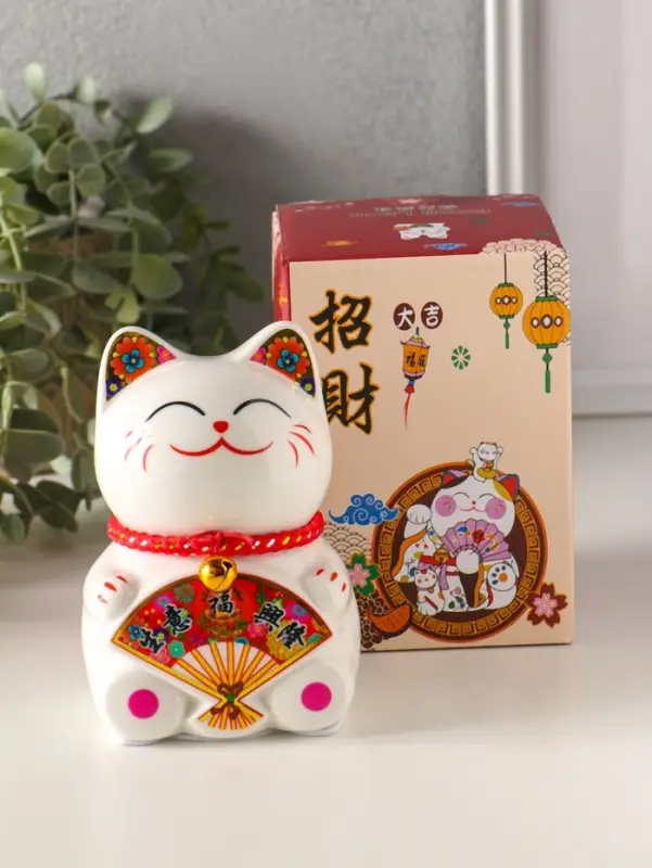 Копилка керамика "Кот Манэки-нэко с веером" 7,8х7,5х12,5 см