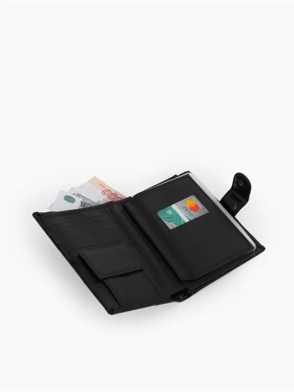 Портмоне мужское на кнопке, 3 в 1, для автодокументов и паспорта, 2 отдела, для карт, для монет, чёрное