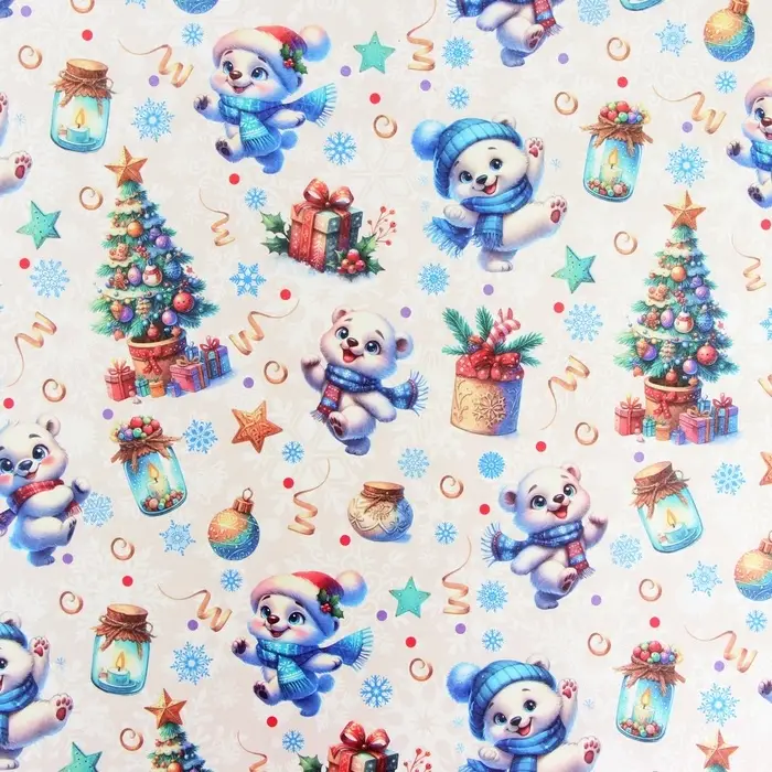 Бумага упаковочная новогодняя "Весёлый мишка", белый крафт, 80 г/м2 , 50 х 70 см.