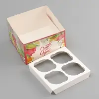 Коробка для 4 капкейка с прозрачной крышкой, &laquo;Тюльпаны&raquo;, 16&times;16&times;10 см