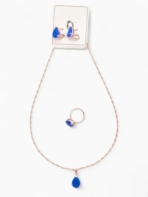 Гарнитур 3 предмета: серьги, кулон, кольцо безразмерное &laquo;Эдель&raquo;, капля, синие в золоте, 45 см
