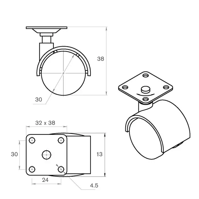 Колесо мебельное, d=30 мм, на площадке, чёрное