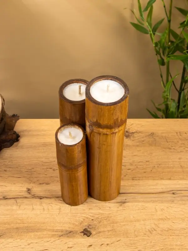 Свеча в бамбуке тройная, 14×15×30 см, 100 мл, бежевая