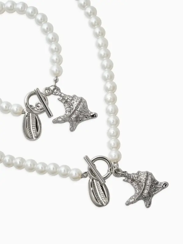 Набор 2 предмета: бусы. браслет &laquo;Жемчуг. Ракушка&raquo;, L=18/42 см, №8, белый в серебре