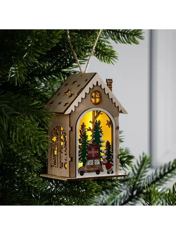 Ёлочная игрушка &laquo;Домик с Дедом Морозом и машиной&raquo;, 8.2&times;4.2&times;7.3 см, от батареек, свечение тёплое белое