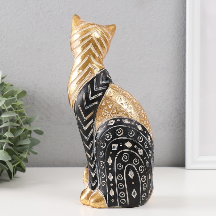 Сувенир полистоун Сувенир полистоун "Кошка с узорами, сидит" золото с чёрным 10,5х8х22 см