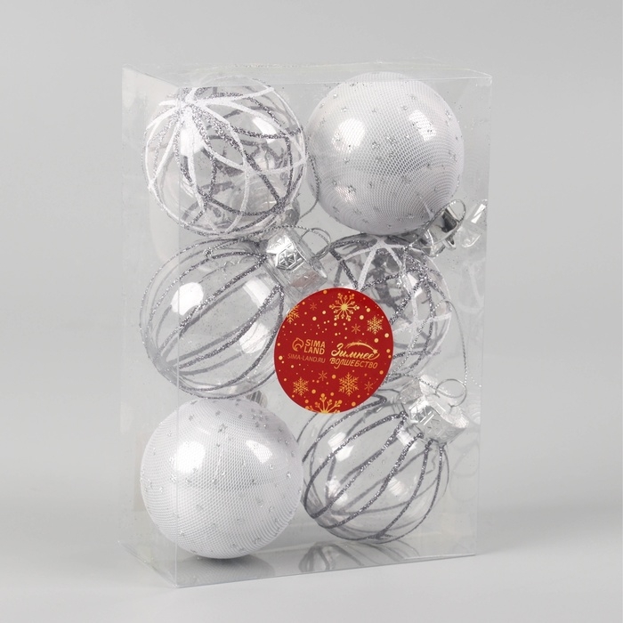Набор шаров пластик d-6 см, 6 шт Набор шаров пластик d-6 см, 6 шт "Зимняя долина" серебро
