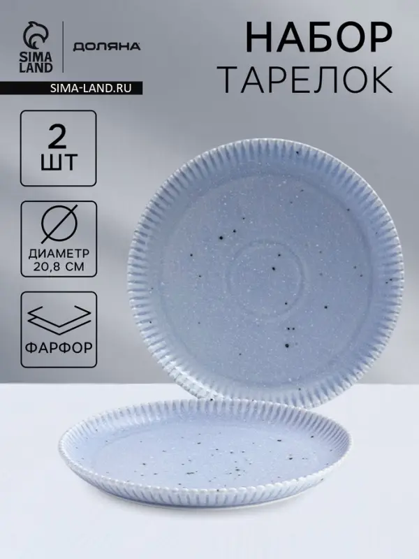 Тарелки Доляна &laquo;Коралл&raquo;, d=20.8 см, набор 2 шт., фарфор, голубые