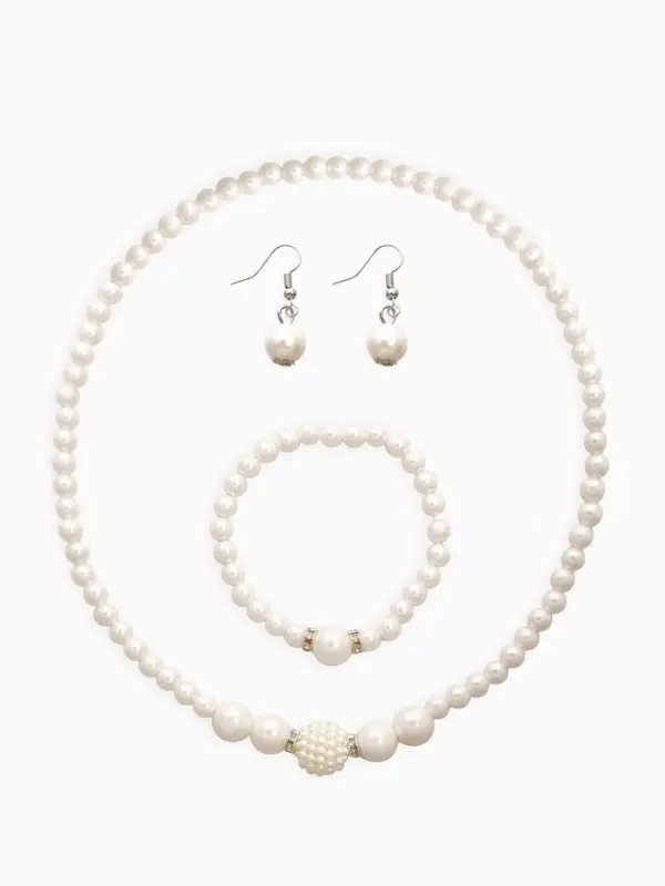 Набор 3 предмета: серьги, колье, браслет &laquo;Жемчуг&raquo;, элегантный, белый в серебре