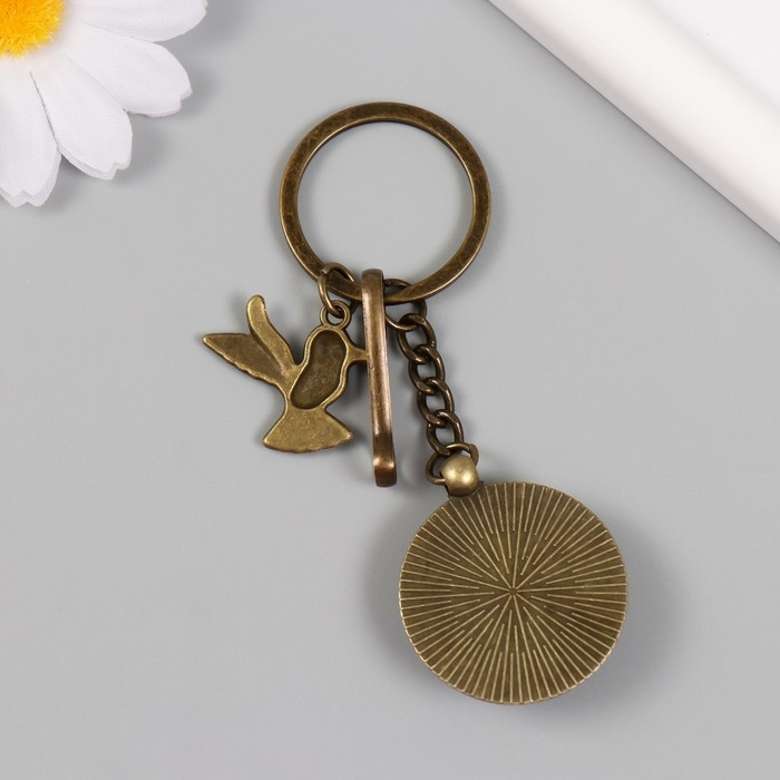 Брелок металл, стекло с карабином "Птица и перья в медальоне" бронза 9,5 см