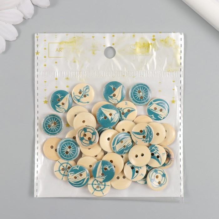 Пуговицы дерево для творчества 2 прокола Пуговицы дерево для творчества 2 прокола "Морской прибой" набор 40 шт 1,5х1,5х0,4 см