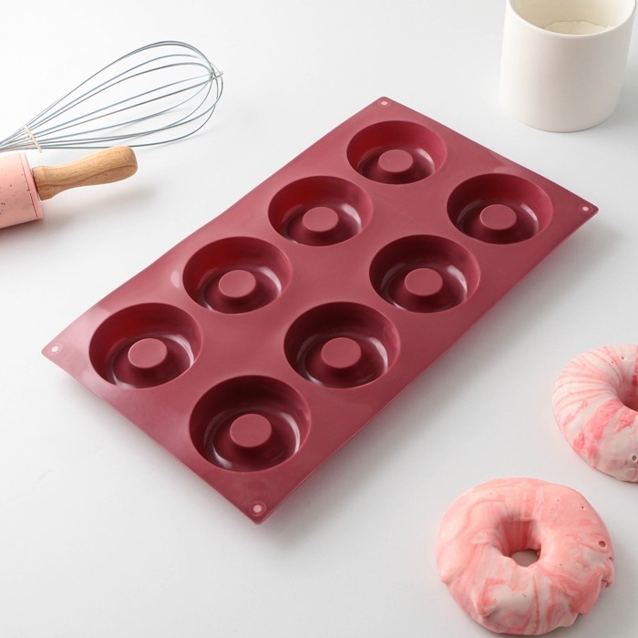 Форма для выпечки Доляна «Сладости. Пончики», 29×17 см, 8 ячеек (d=6 см), цвет МИКС Форма для выпечки Доляна «Сладости. Пончики», 29×17 см, 8 ячеек (d=6 см), цвет МИКС