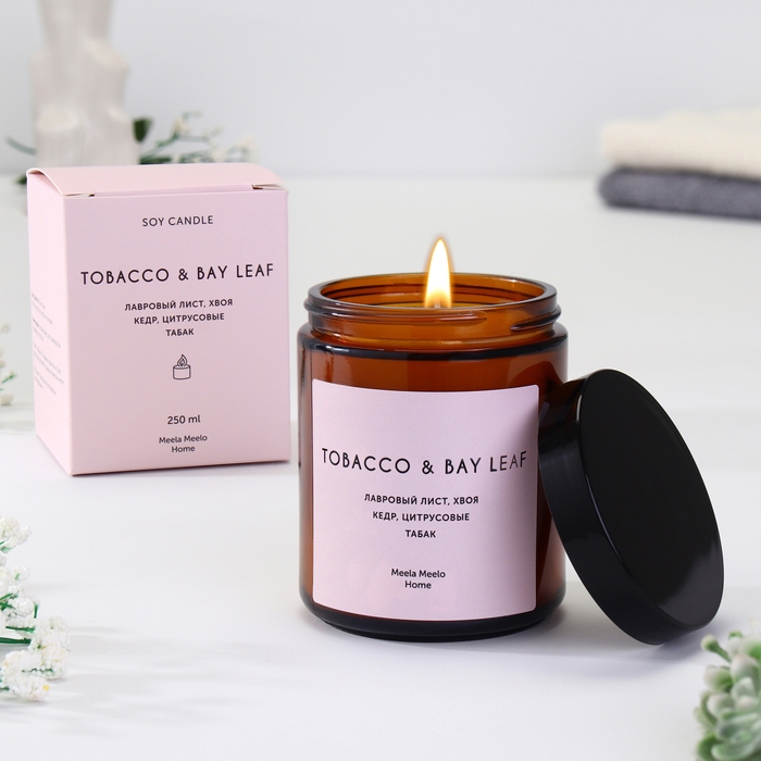 Свеча в банке ароматическая  Свеча в банке ароматическая "Tоbacco & bay leaf", хвоя, кедр, табак, 250 мл