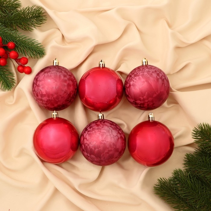 Ёлочные игрушки, шары новогодние , пластик, набор d-7,5 см, 6 шт Ёлочные игрушки, шары новогодние , пластик, набор d-7,5 см, 6 шт "Чары волшебства" красный