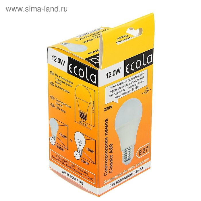Лампа светодиодная Ecola classic, Е27, А60, 12 Вт, 4000 K, 110x60 мм Лампа светодиодная Ecola classic, Е27, А60, 12 Вт, 4000 K, 110x60 мм